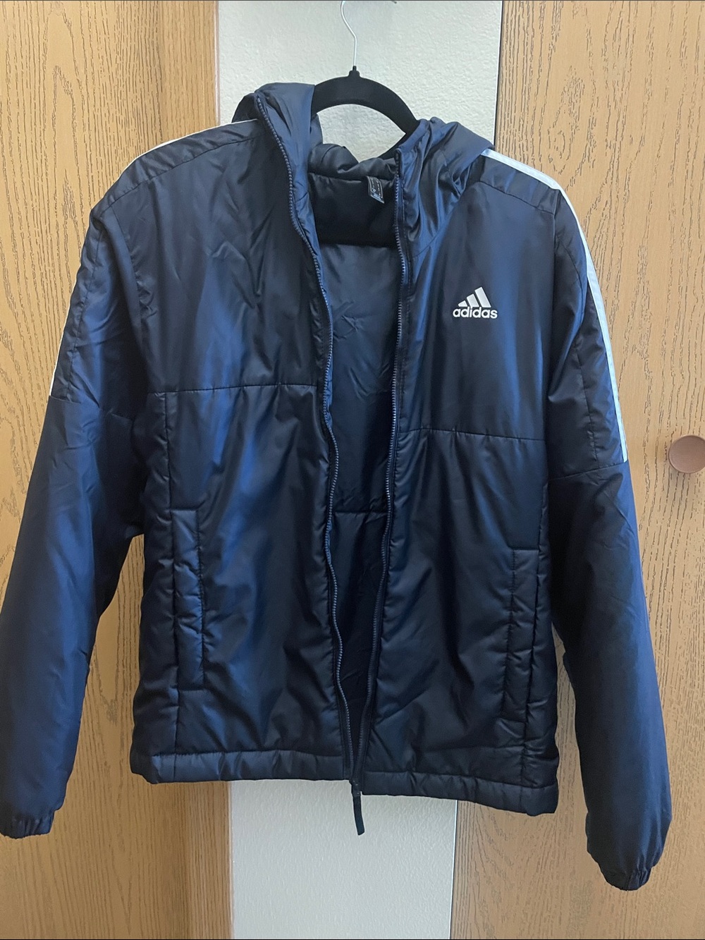 adidas Boys Navy Hooded Puffer Jacket with White Stripe